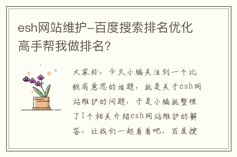 esh网站维护-百度搜索排名优化高手帮我做排名?