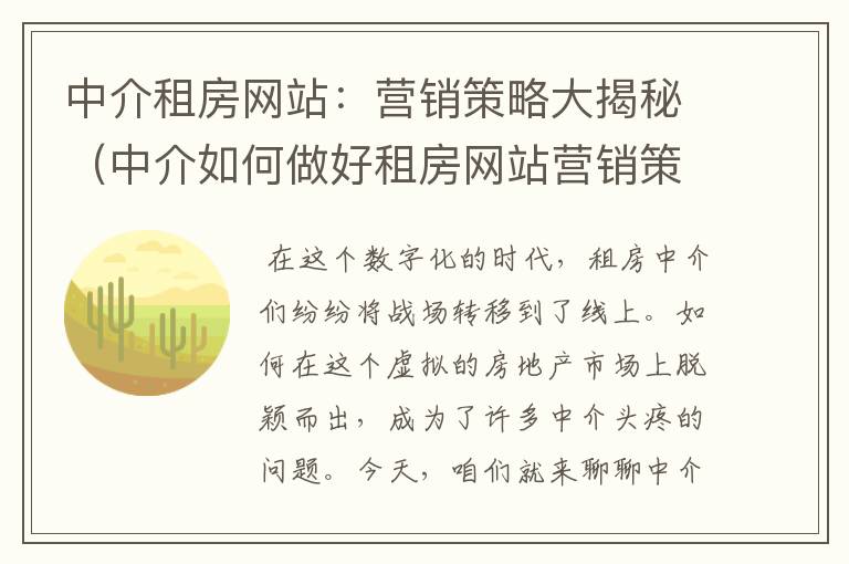 中介租房网站：营销策略大揭秘（中介如何做好租房网站营销策划）