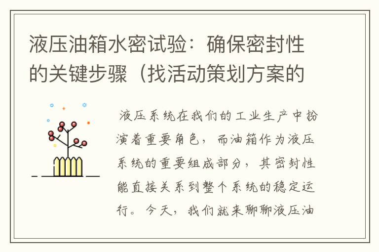 液压油箱水密试验：确保密封性的关键步骤（找活动策划方案的网站）