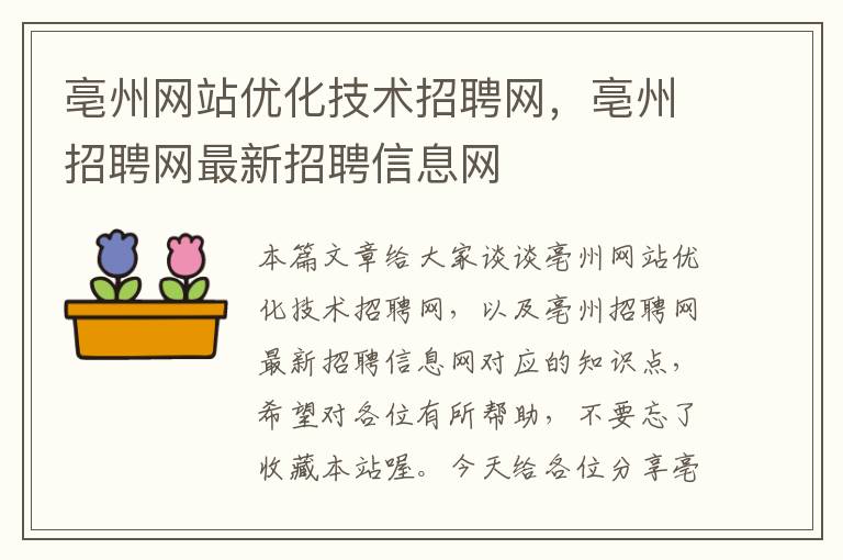 亳州网站优化技术招聘网，亳州招聘网最新招聘信息网